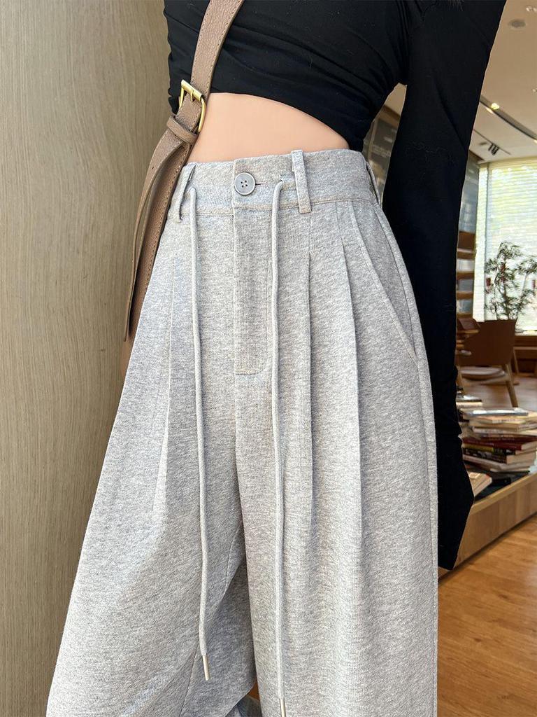 Gray High-Waist Wide Leg Women's Sweatpants - Spring/Autumn Casual Loose Fit with Drawstring