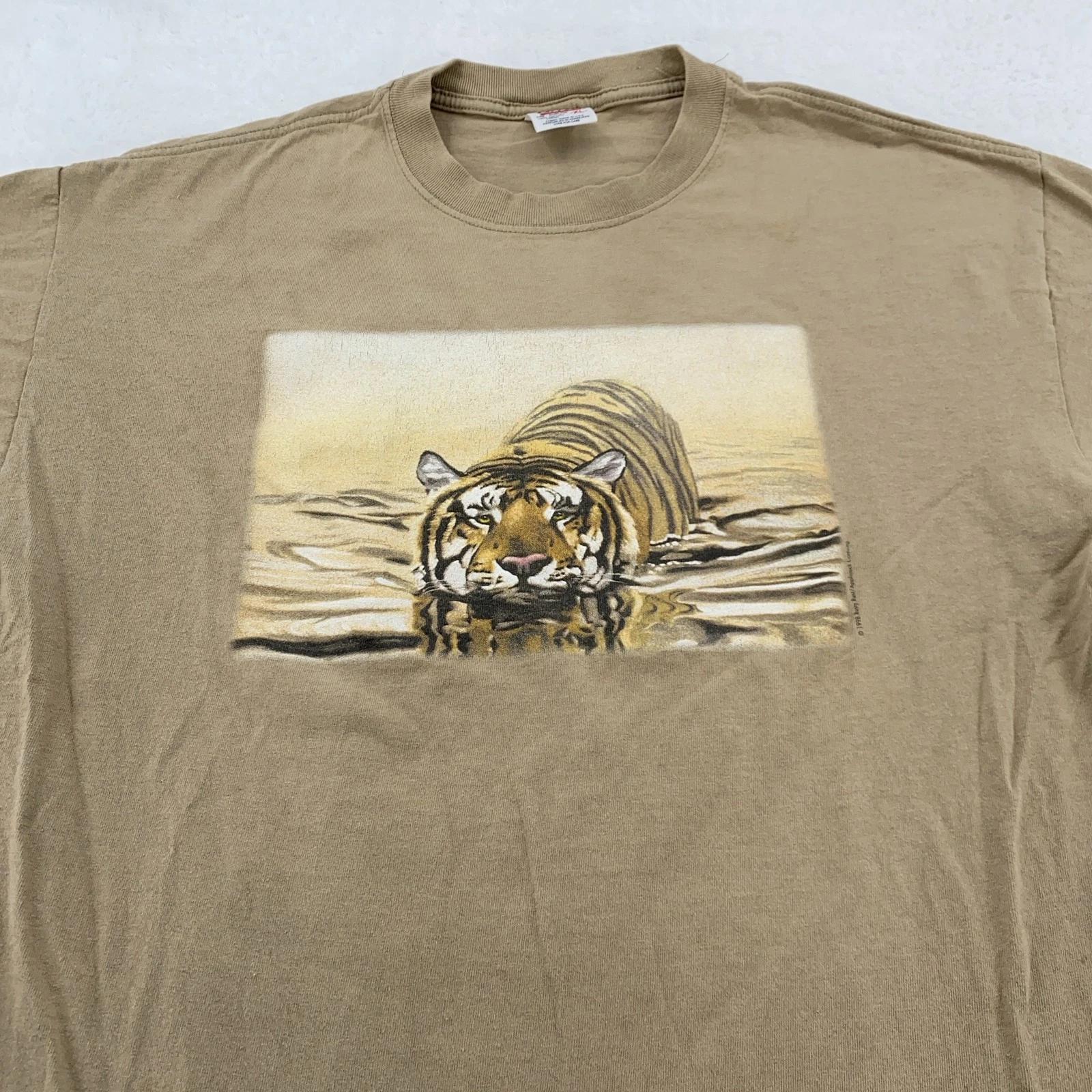 

Tiger Wildlife Shirt Mens L Tan Graphic Nature Animal Tee Anvil 100% Cotton Art 4XL