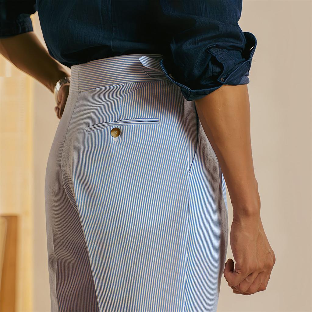 Klasické pruhované kalhoty k obleku s vysokým pasem pánské vintage s páskem rovné kalhoty jaro léto pánská móda plisované slim kalhoty