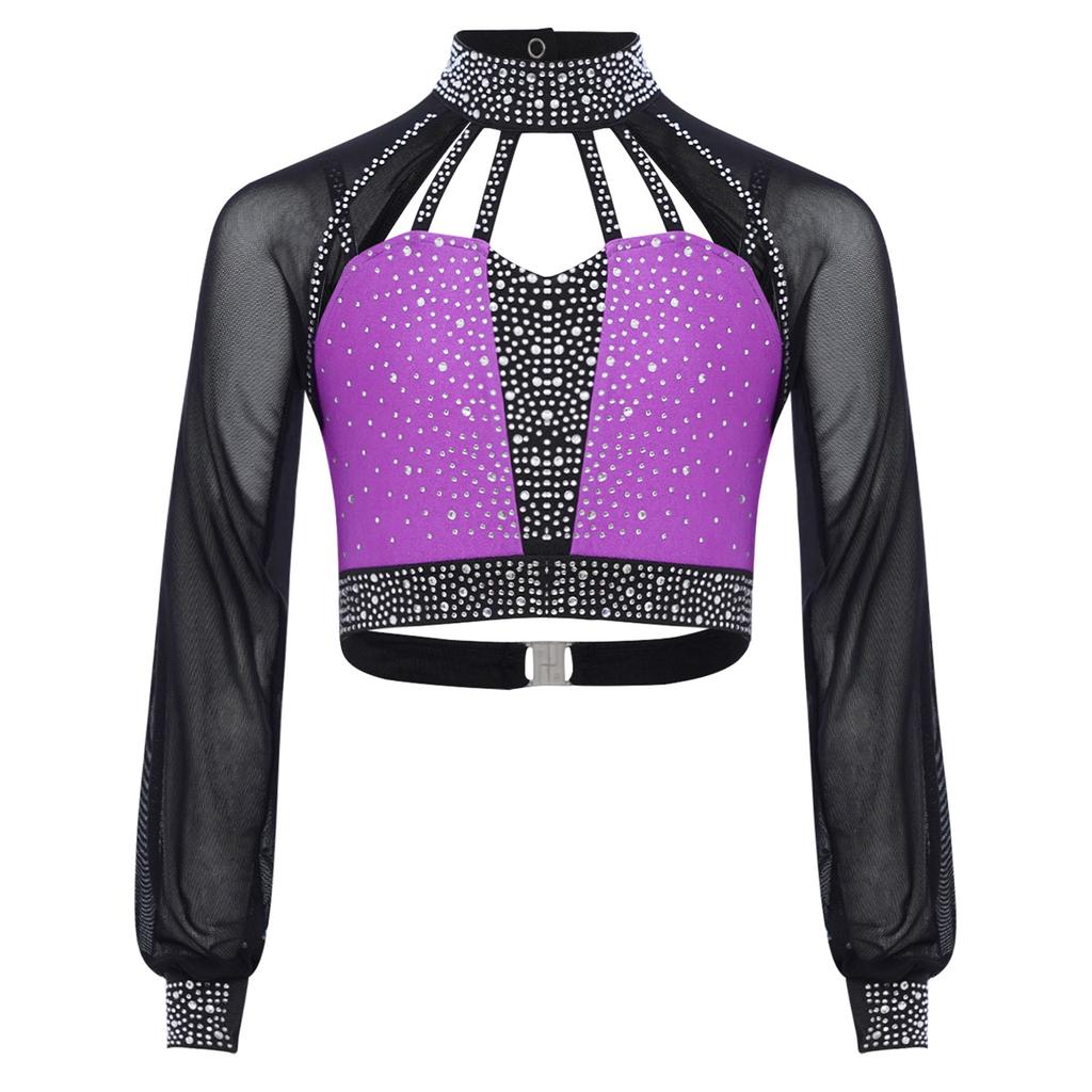 Girls Dance Performance Top Color Block Design Mock Neck Sheer Mesh Sleeves Back Cutout Rhinestone Crop