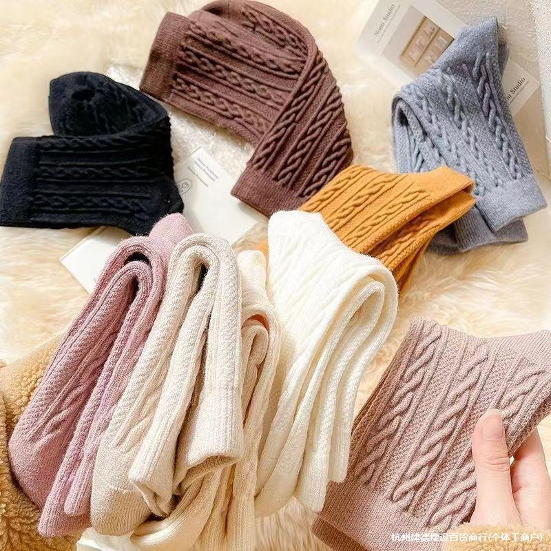 Women's Thick Cable-Knit Imitation Cashmere Mid-Calf Socks - Fleece-Lined, Warm, Japanese-Style, Maternity Slouch for Autumn/Winter