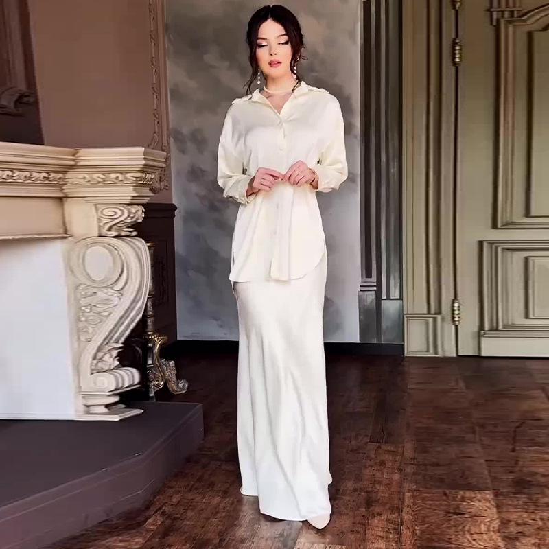 2024 Autumn Women's Solid Color Elegant Slim Fit Waist-Tied Long Dress Set