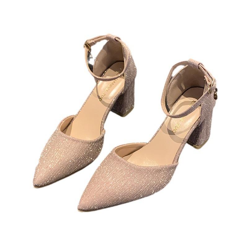 Baotou Sandals Women's New Models with Skirts Pointed Single Shoes Women's One-word Buckle Flash Diamond High-heeled Sandals