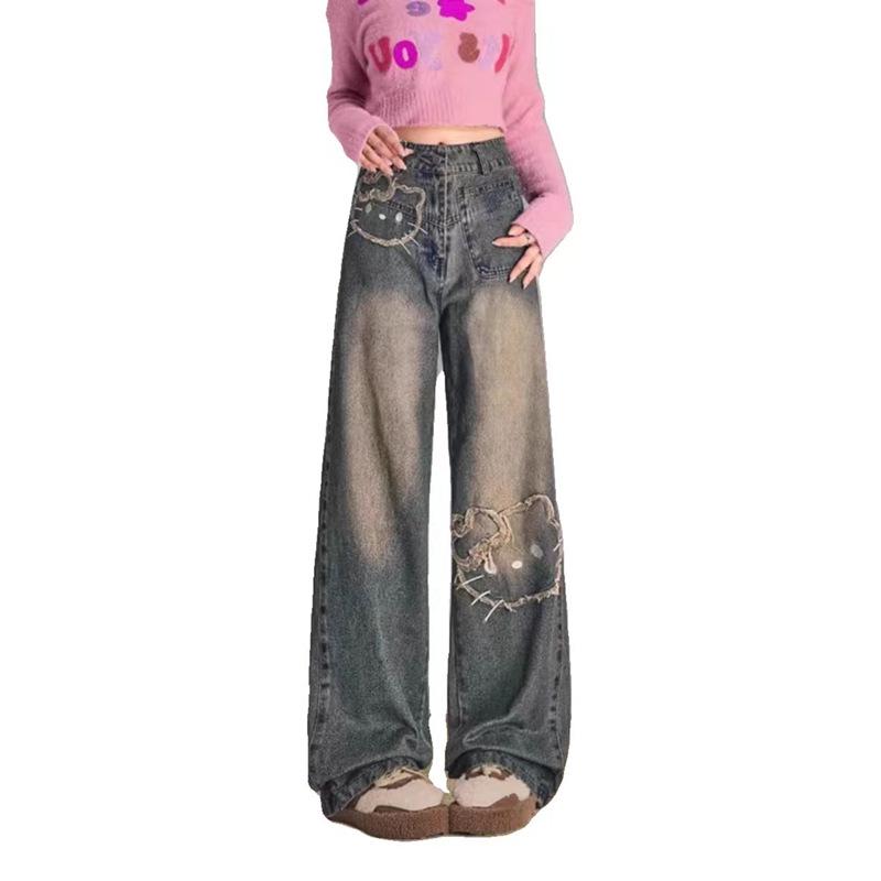 

Женские джинсы с высокой талией, широкими штанинами и ретро-вышивкой мультяшного кота M