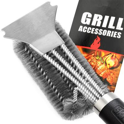 Camping Grillbürste und Schaber Edelstahl BBQ Reinigungsbürste mit Deluxe Griff 3 in 1 Borsten Grillreinigungsbürste JT518