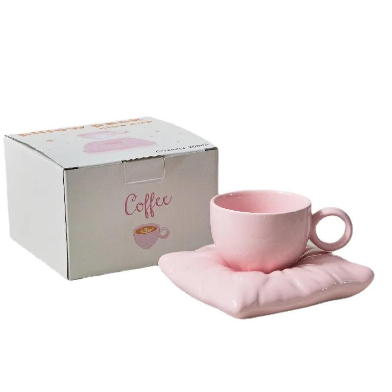Nordic Style Ceramic Cup with Pillow Coaster Creative Couple Coffee Cup Tea Cups Saucers Christmas Gift Box Set Drinkware