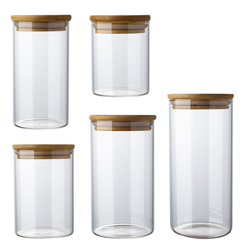 Mutfak Tahıl Saklama için Bambu Kapaklı Yuvarlak Şeffaf Hava Geçirmez Cam Kavanoz