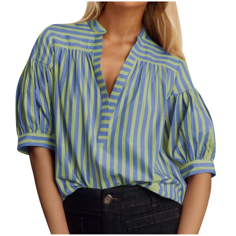 Fashion Loose Striped Lantern Short Sleeve Summer Shirt Women Loose Casual Simple Blouse Office Ladies Elegant Basic Streetwear Women's Clothing