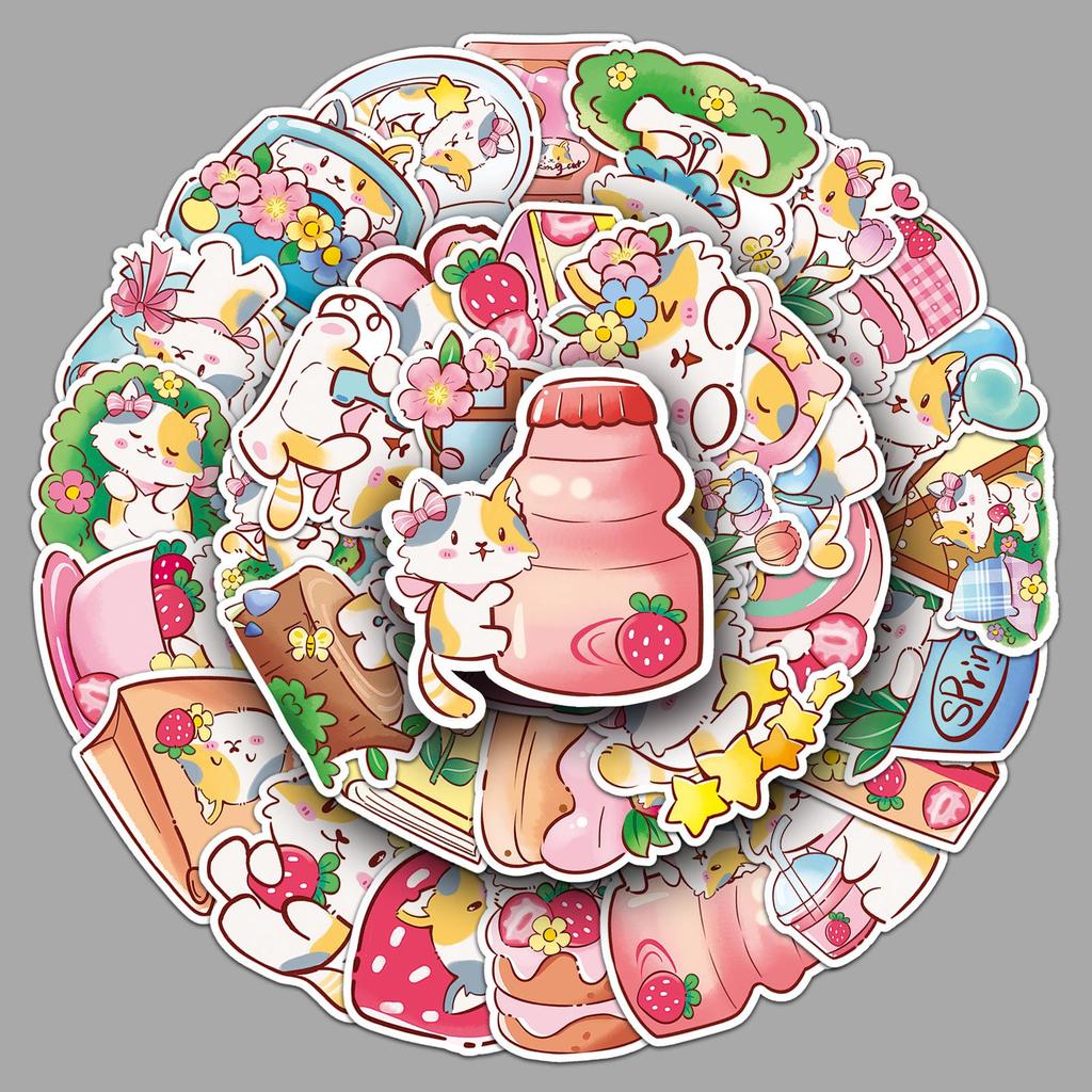 50 Waterproof Spring Kitten Stickers - Cute Cartoon Animals, Decorative Mochi Stickers, Glue Drip Resistant, Pack of 50 Sheets