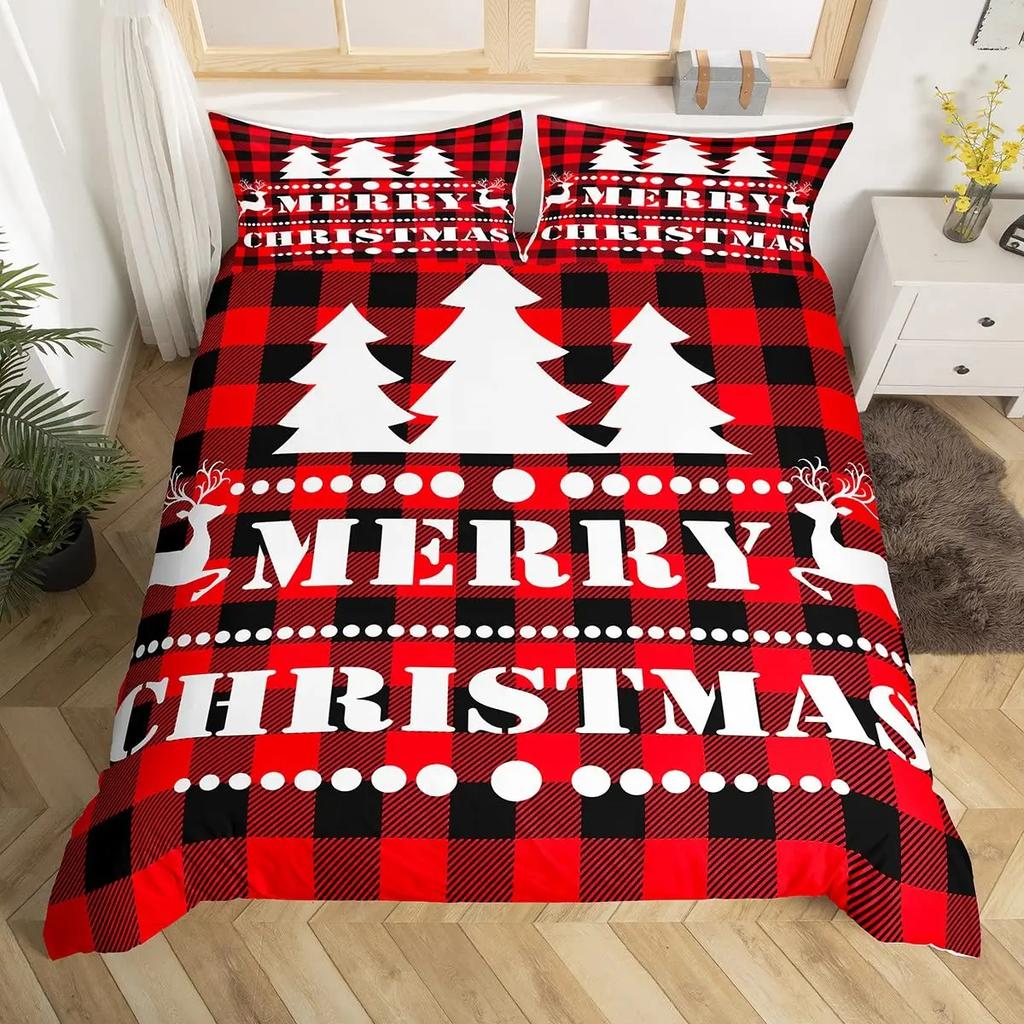 Comforter Merry Christmas Red Buffalo Checked Rustic Truck Comforter plaid Xmas Tree Elk Deer Snowflake Bedding Sets