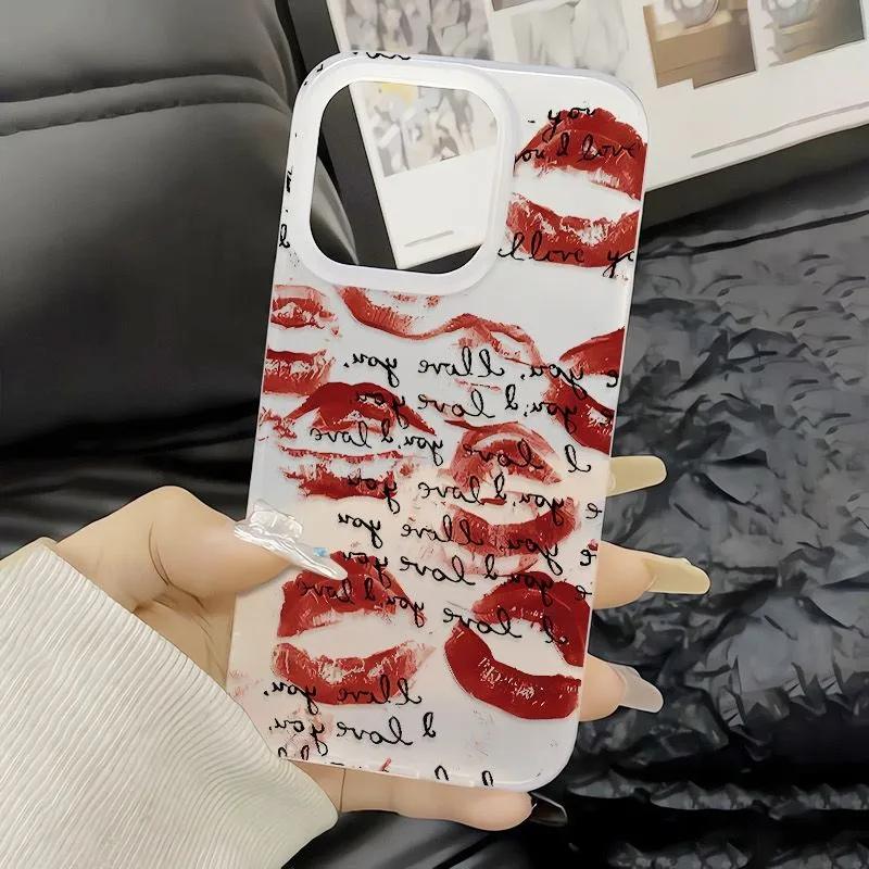 Simple Texts Full Screen Red Lip Print Phone Case For iPhone 17 AIR 16E 15 14 13 12 11 PRO MAX XSMAX XR 7 8 PLUS Y2K Matte Cover