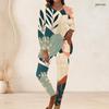 Women Plus Size Round Neck Long Sleeve Printed Longline Top Fitted Pants Two Piece Set White Blue Green