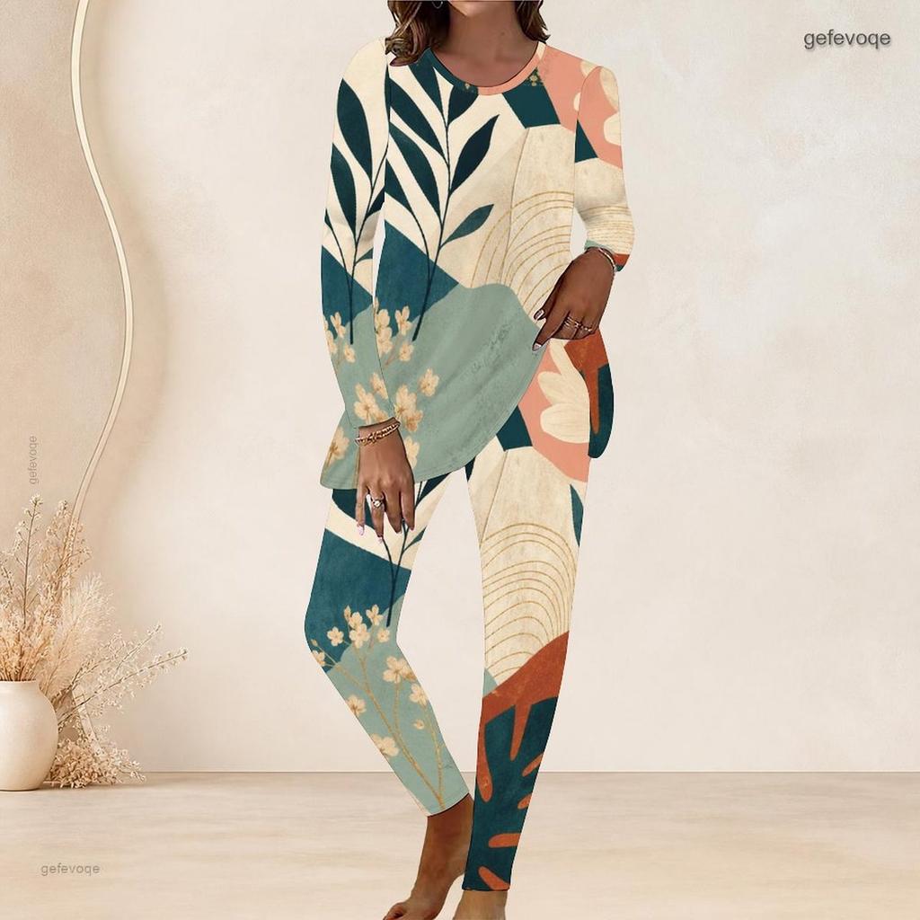 Women Plus Size Round Neck Long Sleeve Printed Longline Top Fitted Pants Two Piece Set White Blue Green