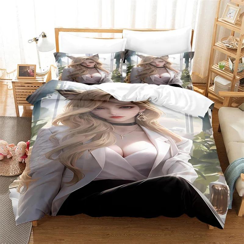 Set de lenjerie de pat cu fată sexy de desene animate, Set cu husă de pilotă, Lenjerie de pat pentru îndrăgostiți, Lenjerie de pat de lux pentru copii, King size, Seturi de lenjerie de pat cu pilotă, Set cu husă de pilotă Queen