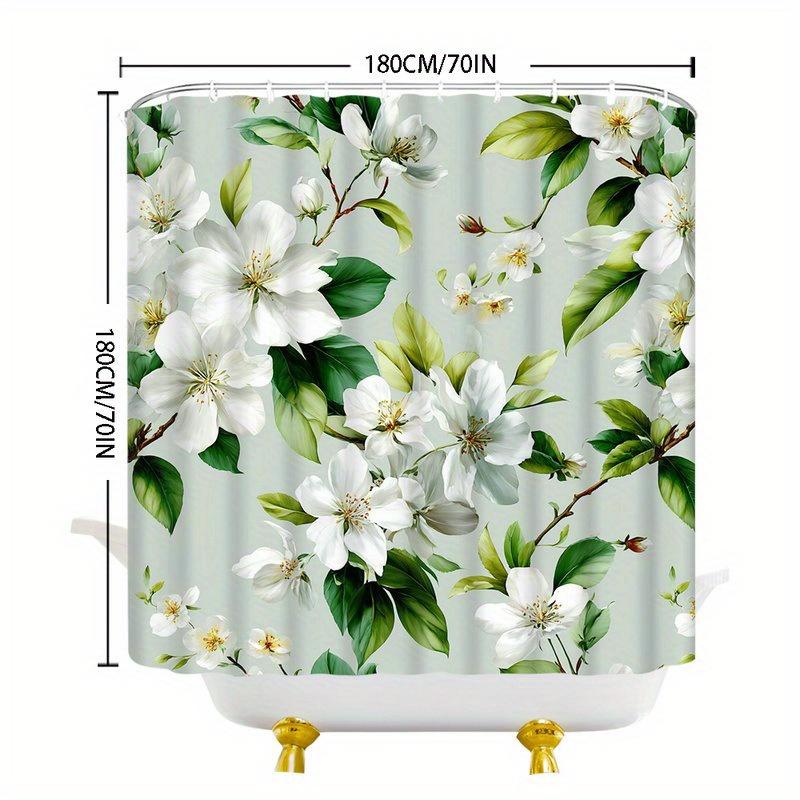 1 Piece White Cherry Blossom And Green Leaves Shower Curtain, Polyester Fabric, Machine Washable, Suitable For Bathroom