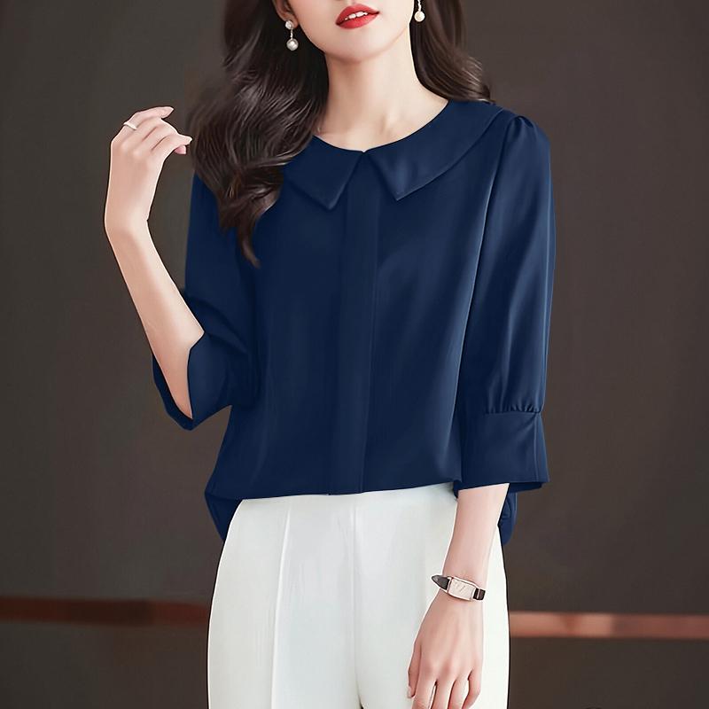 ZANZEA Women Elegant Doll Collar Loose Casual 3/4 Sleeve Blouse S темно-синий