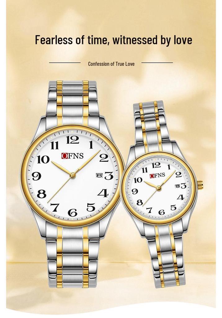 OFNS Couple's Wristwatch - Waterproof, Luminous, Quartz Watch with Steel or Leather Strap, Calendar Feature, for Casual or Business.
