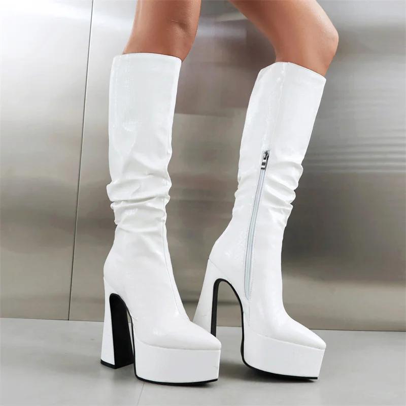 Gold Pleated Knee High Platform Boots Women Chunky Heels Sexy Silver White Croc Party Club Ladies Zipper Pointed Toe Long Boots