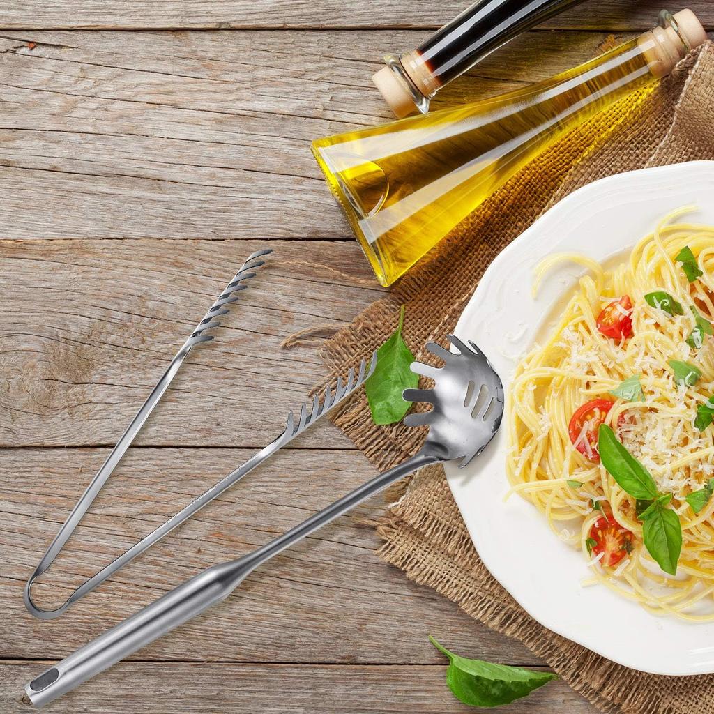 Patelai 2 Pcs Stainless Steel Pasta Spoon with Teeth Large Spaghetti Utensil, 9.4'' Tong and 13.6'' Pasta Fork with Vacuum Handle, Comfortable Grip