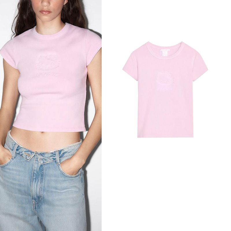 Summer New Product Women's Clothes Rib Trim Loose round Neck Short Sleeve Cartoon Print Washing Effect T-shirt 0347359