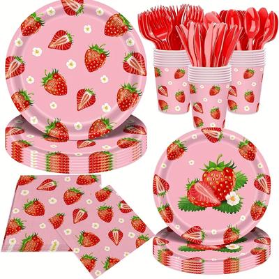 138pcs Strawberry Party Tableware Set Strawberry Theme Birthday Party Decorations Includes Strawberry Paper Plates (7 Inch/9Inch) And Napkins, Knife,