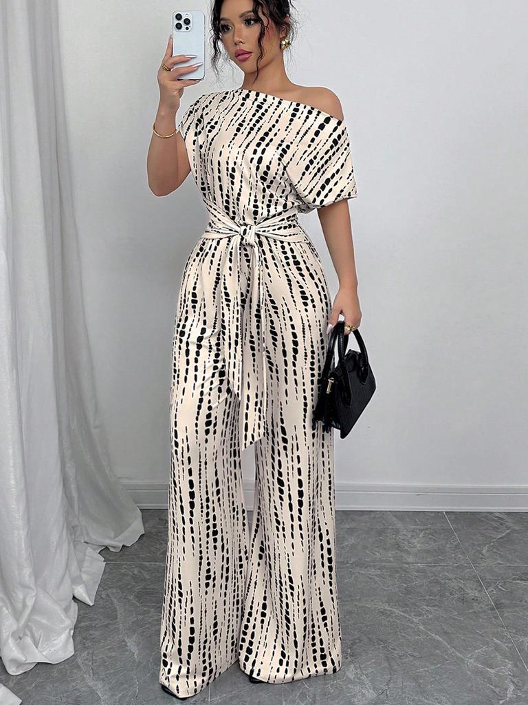 Striped Jumpsuit Summer Slanted Shoulder Tie-Up Wide Leg Pants