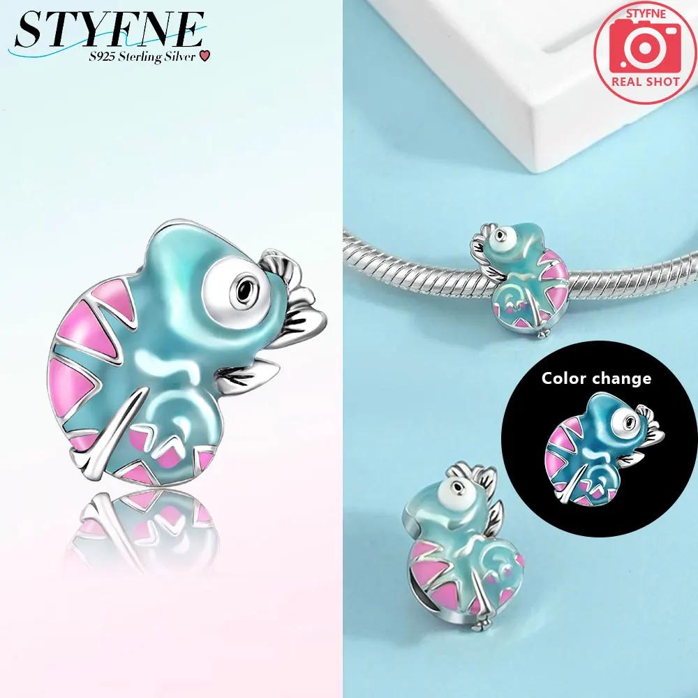 Charms 925 Silver Blue Chameleon Firefly Night Light Animal Pendant Beads Fit Bracelet Women Jewelry Accessory Gift Diy