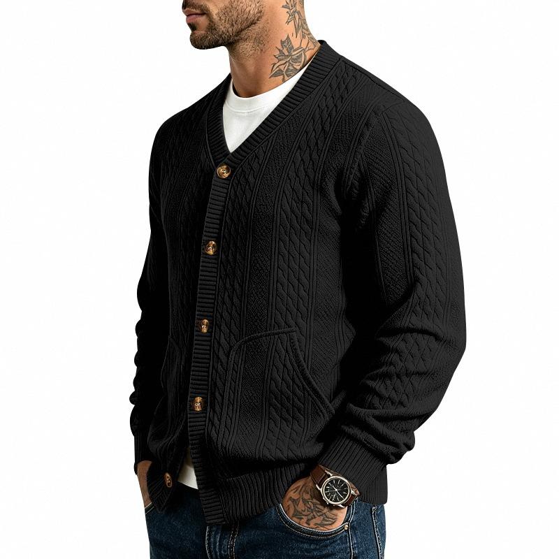 Herren Zopfmuster V-Ausschnitt Cardigan Pullover, Knopfleiste vorne, Zwei aufgesetzte Taschen, Gerippte Bündchen & Saum, Weicher Strick Lässiges Layering Top