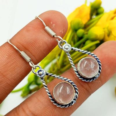Rose Quartz Gemstone 925 Sterling Silver Plated Hook Earrings Jewelry NST-J2H3248