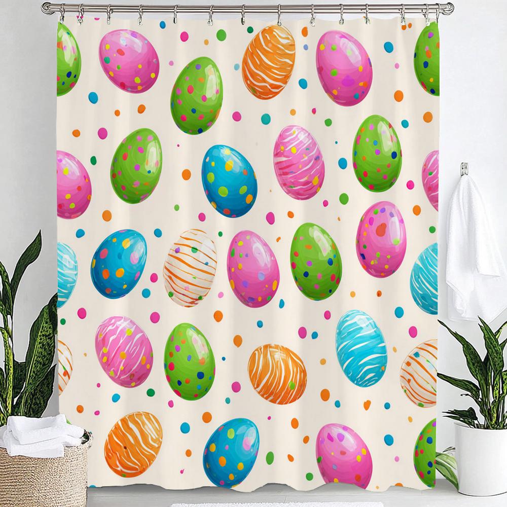 Easter Bunny Shower Curtain, Rustic, Cute, Eggs, Flowers Bathroom Decorative Curtain, Printed Fabric Shower Curtain With Hooks