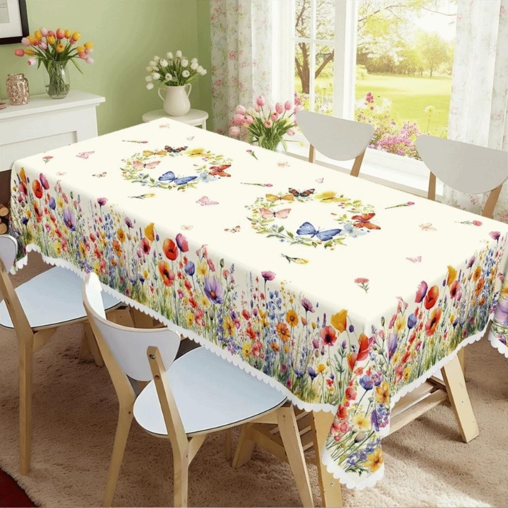 Sweet Floral Tablecloth Waterproof Anti-fouling Desk Decoration Cloth Embossed Edge Rabbit Butterfly Table Mat Holiday Party