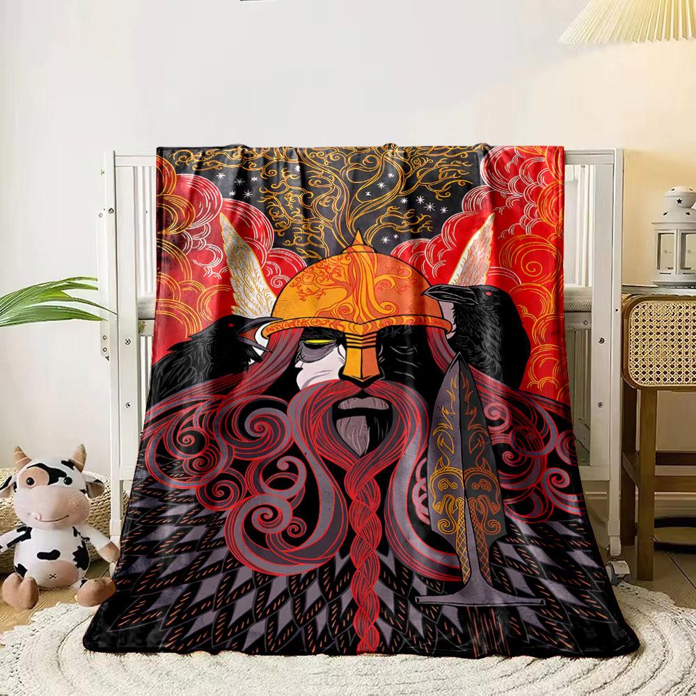 Intricate Viking-inspired figure with a golden helmet, ravens, and swirls. for all seasons blanket lunch break throw gift 80cm x 120cm
