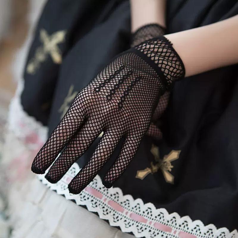 Sheer Lace Hollow Out Mesh Gloves Ultra Thin Stretchy Soft Full Finger Women's Gloves for Wedding Ceremony Event Black White