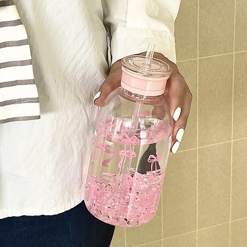 Kawaii Vattenflaska Estetisk Tumlare För Iskaffe Juice Te Söta Rosett Plastmuggar Med Sugrörslock Bärbar Drickflaska