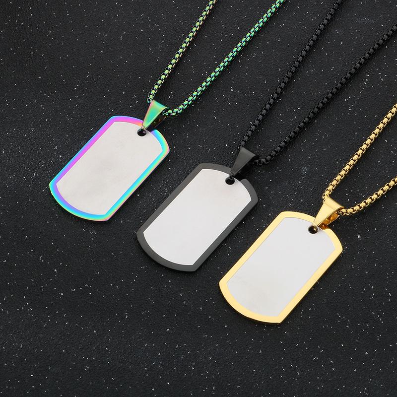 Creative Dazzle Color Square Tag Necklace for Men Hip Hop Polished ID Accessory Stainless Steel Trend Jewelry 60cm Length