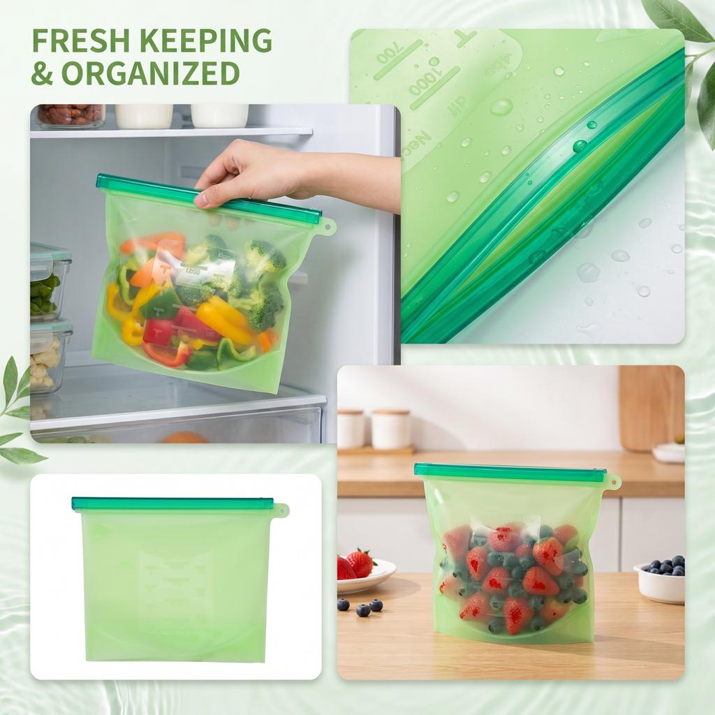 Reusable Silicone Food Storage Bags with Slider for Vegetables And, Medium Size Fridge Bags