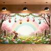 Easter Egg Background Grassland Scene Rainbow Banner Easter Banner Wooden Fence Detail Rabbit Display For Indoor Party Easter