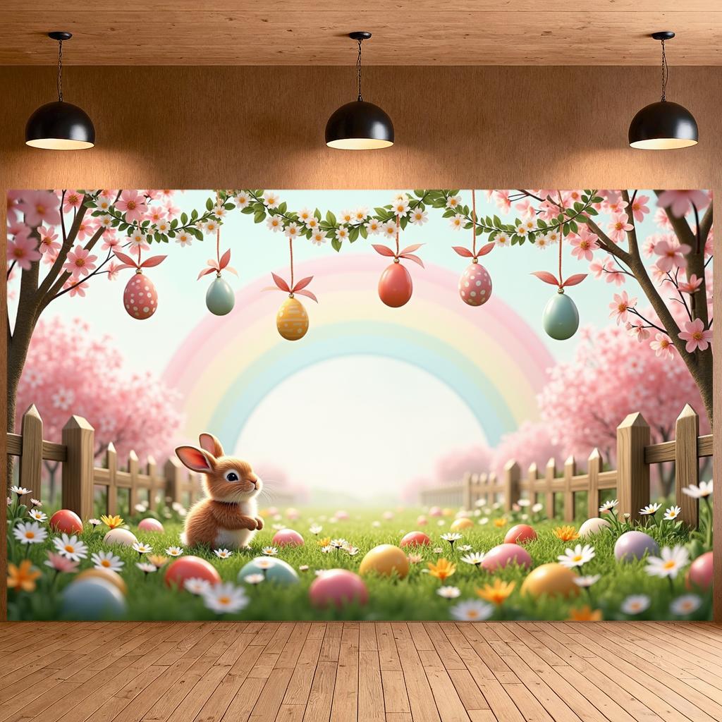Easter Egg Background Grassland Scene Rainbow Banner Easter Banner Wooden Fence Detail Rabbit Display For Indoor Party Easter