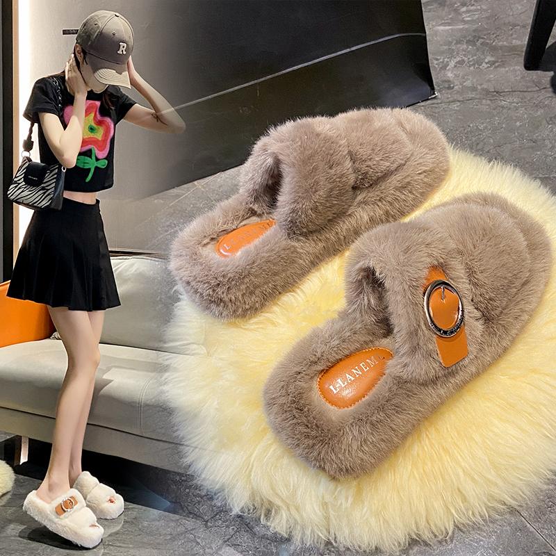 Fashion Plus Size Women's One Word Buckle Fashion Fluffy Slippers Wear Outside Versatile Cotton Mops
