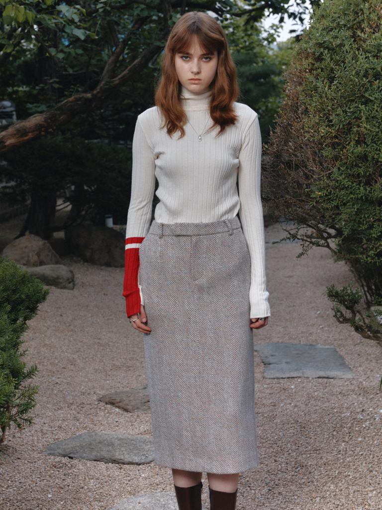Muse Sophia Tweed Wool Long Skirt-Beige