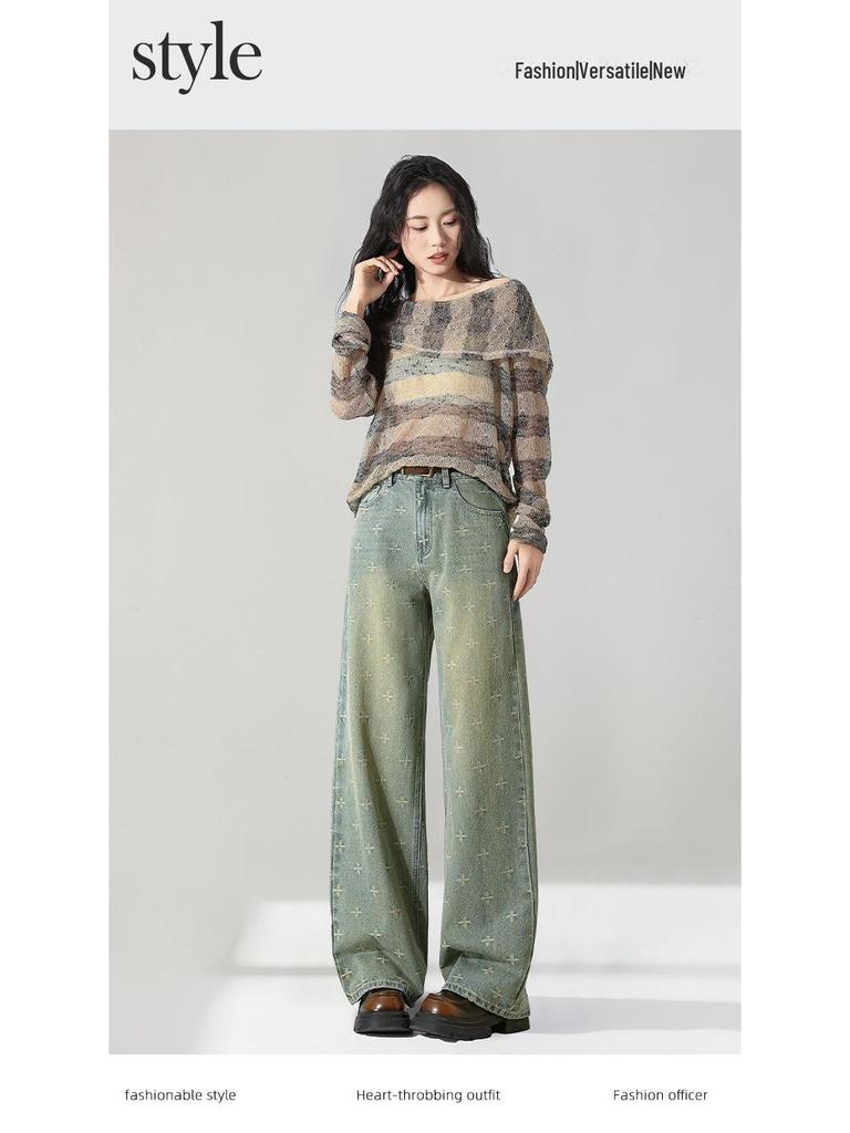 Women's High-Waisted Blue Retro Wide-Leg Jeans, Summer 2025 Collection, Slim Fit and Lightweight