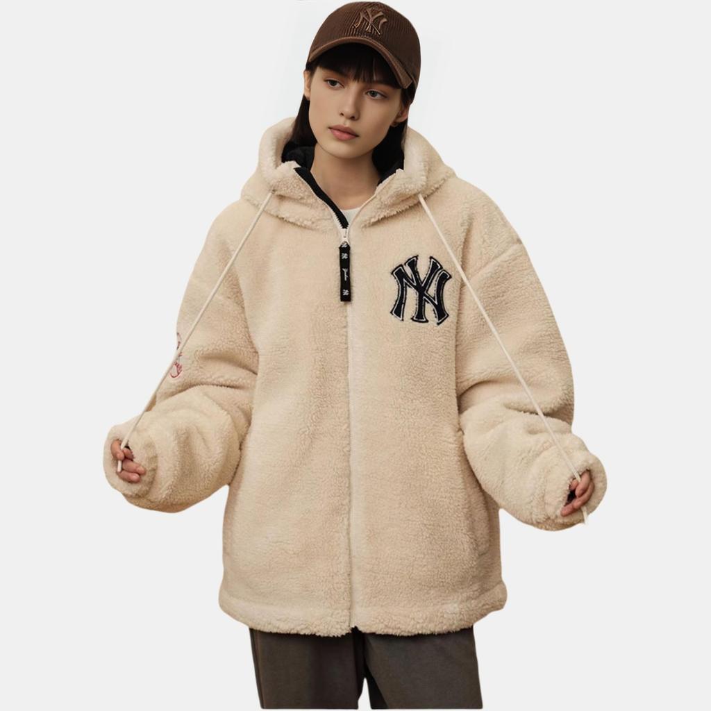 New Era Loose Fit Zip-Up Hooded Faux Shearling Jacket Unisex Jackets Ivory 13781146