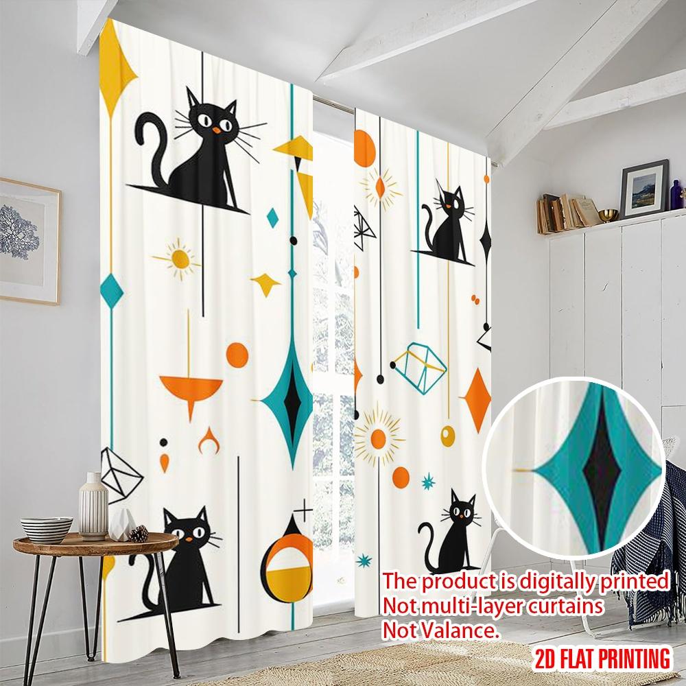 2 Stück, 2D-Flachdruck Beliebte Vorhänge Retro Katzenlandschaft Vielseitiges Polyester (ohne Stange) Festlich Perfekt für Wohnzimmer,