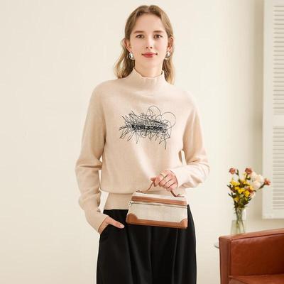 TUHUANG Women's 100% Pure Wool Artistic Embroidered Semi-High Collar Knit Sweater