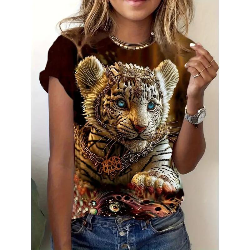 Letní dámské tričko s kulatým výstřihem a 3D potiskem zvířat, módní ležérní s krátkým rukávem
