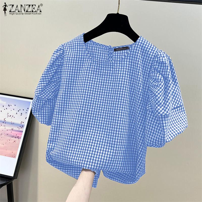 ZANZEA Women Casual O-neck Short Sleeve Plaid Print Blouse