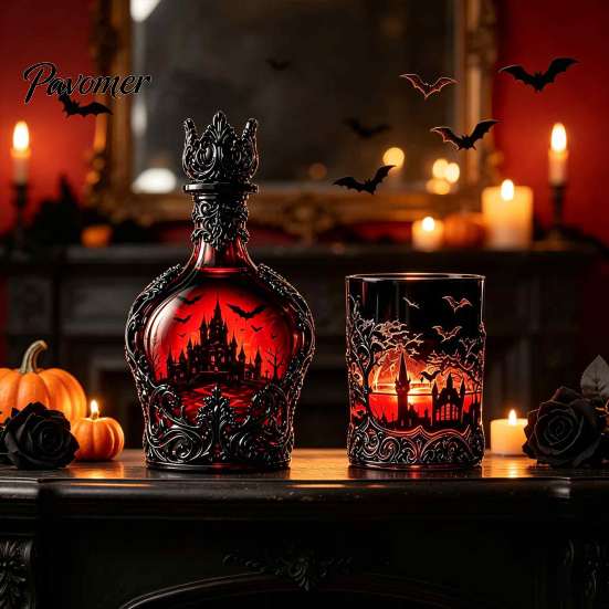 Gothic Wine Decanter 1200ML Halloween Bat Castle Whiskey Bottle, 320ML Vintage Glass Liquor Holder Cup, Decorative Flask for Home Kitchen Bar Parties