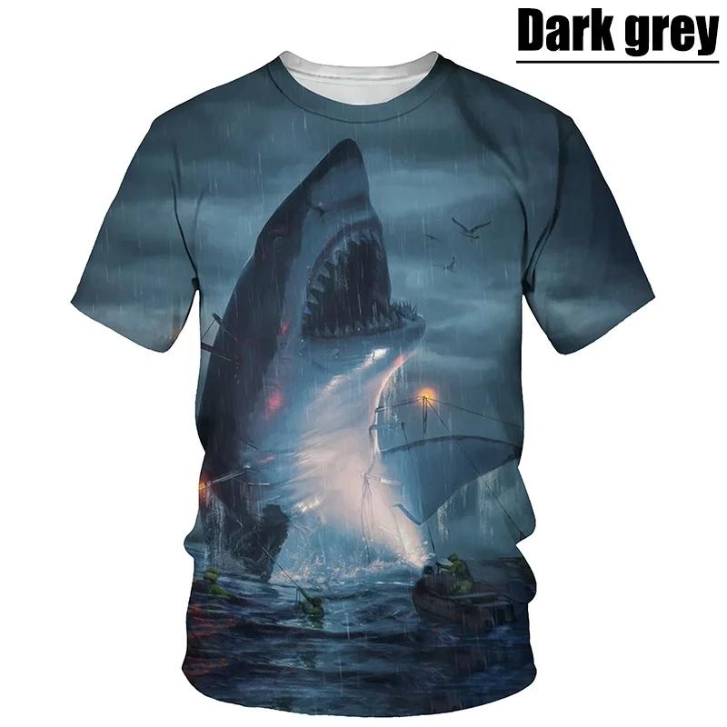 Hot New Men's T-Shirt with Large White Shark Print, Vintage Summer Casual Fashion, Crew Neck Short Sleeve Top