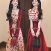Plus-Size Retro Red Floral Print Shirt and High-Waisted Skirt Set