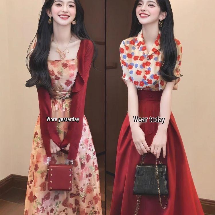 Plus-Size Retro Red Floral Print Shirt and High-Waisted Skirt Set